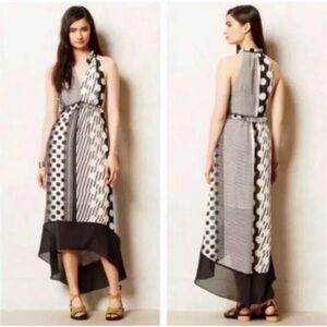 Anthropologie Maeve Halter Black Cream Dot Print Maxi Dress High Low Hem Size 4